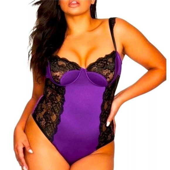 Frederick's of Hollywood Tops - Fredericks of Hollywood Ilana Bodysuit Purple Black Lace Underwire Lingerie NWT
